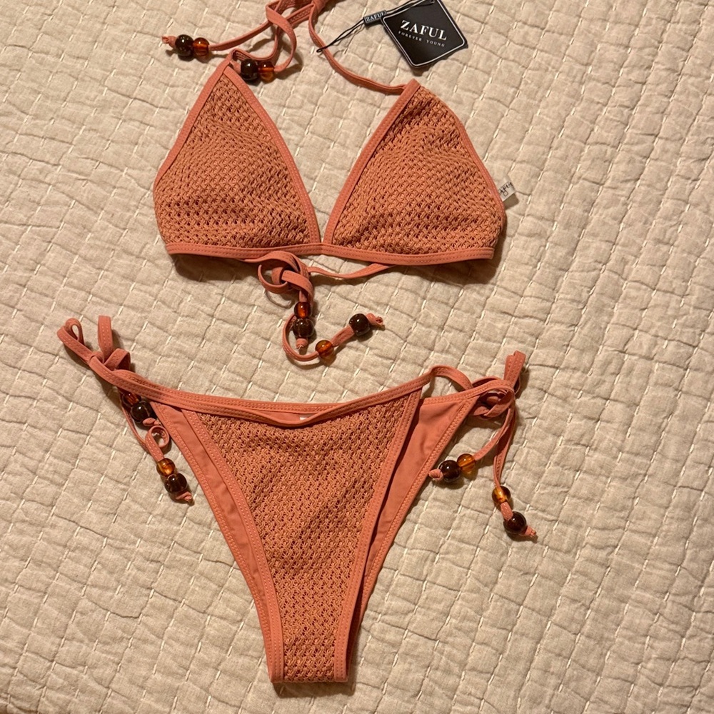 Zaful Terracotta Crochet Tie-Side Bikini Set